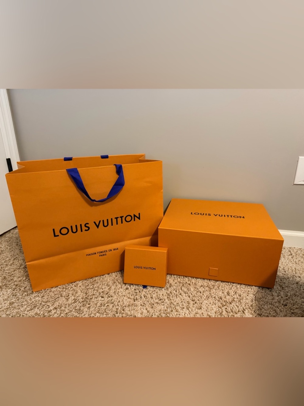 Louis Vuitton Orange Boxes and Blue-Handle Shopping Bag